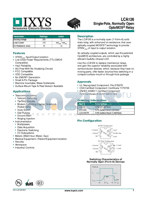 LCA126 datasheet - Single-Pole, Normally Open OptoMOS Relay