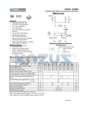 HS3DB datasheet - 3.0AMPS High Efficient Surface Mount Rectifiers