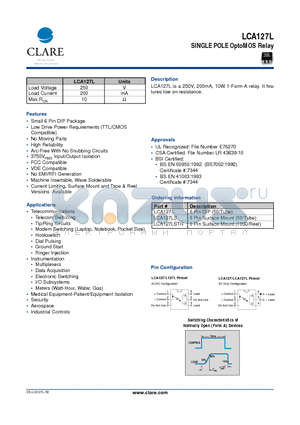 LCA127LSTR datasheet - SINGLE POLE OptoMOS Relay