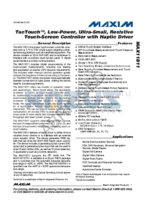 MAX11811 datasheet - TacTouch, Low-Power, Ultra-Small, Resistive Touch-Screen Controller with Haptic Driver