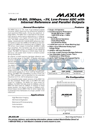 MAX1184ECM datasheet - Dual 10-Bit, 20Msps, 3V, Low-Power ADC with Internal Reference and Parallel Outputs
