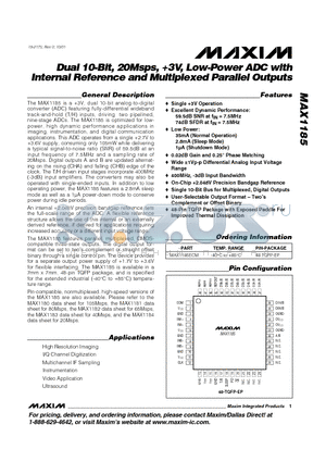 MAX1185 datasheet - Dual 10-Bit, 20Msps, 3V, Low-Power ADC with Internal Reference and Multiplexed Parallel Outputs