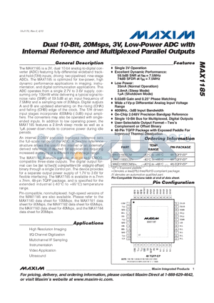 MAX1185 datasheet - Dual 10-Bit, 20Msps, 3V, Low-Power ADC with Internal Reference and Multiplexed Parallel Outputs
