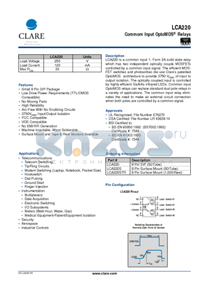 LCA220 datasheet - Commom Input OptoMOS Relays