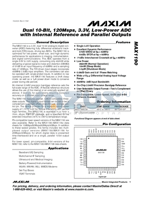 MAX1190 datasheet - Dual 10-Bit, 120Msps, 3.3V, Low-Power ADC with Internal Reference and Parallel Outputs
