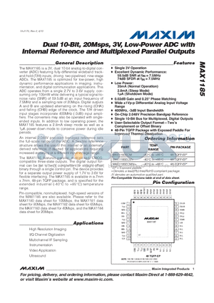 MAX1185ECM datasheet - Dual 10-Bit, 20Msps, 3V, Low-Power ADC with Internal Reference and Multiplexed Parallel Outputs