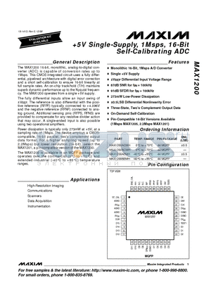 MAX1200ACMH datasheet - 5v sINGLE-sUPPLY, 1mSPS, 16-bIT sELF-cALIBRATING adc