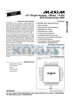 MAX1200BEMH datasheet - 5v sINGLE-sUPPLY, 1mSPS, 16-bIT sELF-cALIBRATING adc