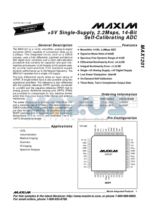 MAX1201 datasheet - 5v sINGLE-sUPPLY, 2.2mSPS, 14-bIT sELF-cALIBRATING adc