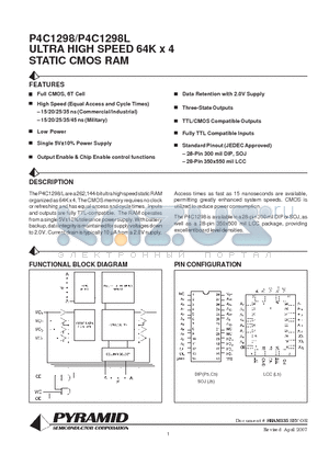 P4C1298 datasheet - ULTRA HIGH SPEED 64K x 4 STATIC CMOS RAM