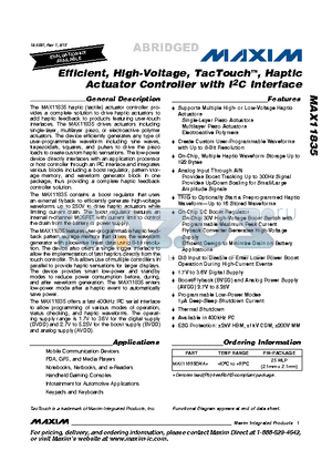 MAX11835EWA+ datasheet - Efficient, High-Voltage, TacTouchTM, Haptic Actuator Controller with I2C Interface