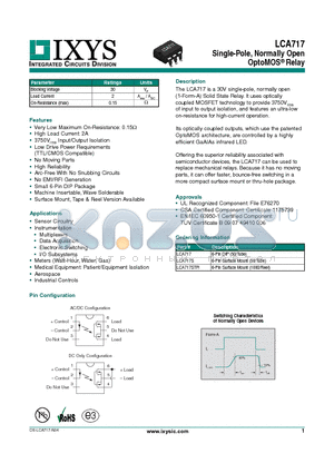 LCA717STR datasheet - Single-Pole, Normally Open OptoMOS Relay