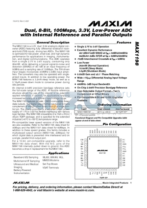 MAX1198ECM datasheet - Dual, 8-Bit, 100Msps, 3.3V, Low-Power ADC with Internal Reference and Parallel Outputs
