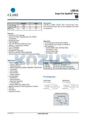 LCB126S datasheet - Single Pole OptoMOS Relay