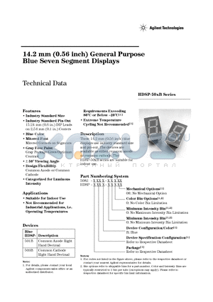 HDSP-50XB datasheet - 14.2 mm (0.56 inch) General Purpose Blue Seven Segment Displays