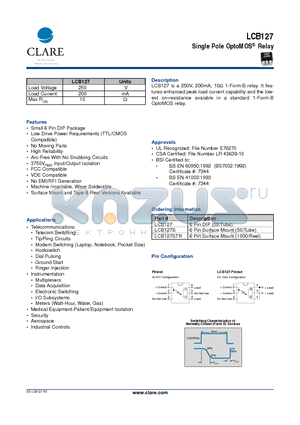 LCB127S datasheet - Single Pole OptoMOS Relay