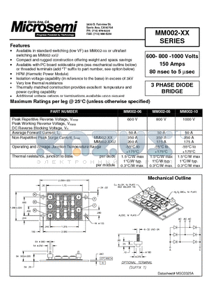 MM002-06 datasheet - 3 PHASE DIODE BRIDGE