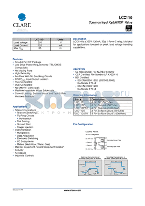 LCC110PTR datasheet - Common Input OptoMOS Relay