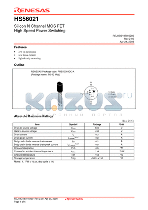 HS56021TZ-E datasheet - Silicon N Channel MOSFET High Speed Power Switching