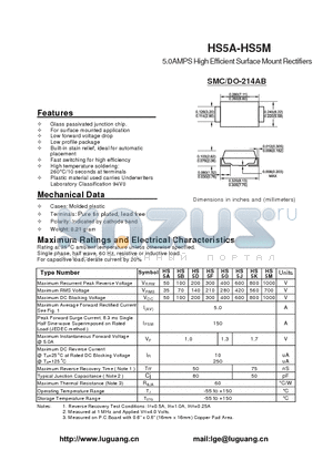 HS5A datasheet - 5.0AMPS High Efficient Surface Mount Rectifiers