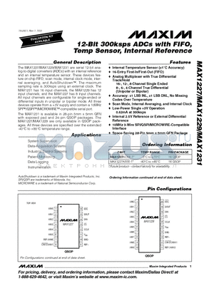 MAX1227AEEE-T datasheet - 12-Bit 300ksps ADCs with FIFO, Temp Sensor, Internal Reference