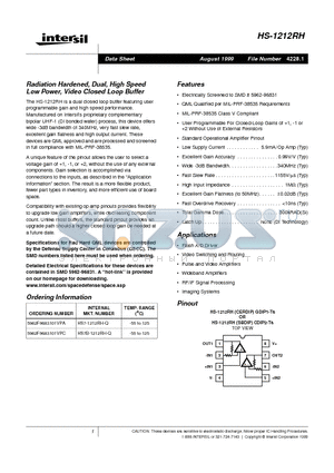 HS7-1212RH-Q datasheet - Radiation Hardened, Dual, High Speed Low Power, Video Closed Loop Buffer