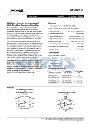 HS7-2520RH-Q datasheet - Radiation Hardened Uncompensated, High Slew Rate Operational Amplifier