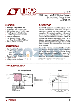 LT1616 datasheet - 600mA, 1.4MHz Step-Down Switching Regulator in SOT-23