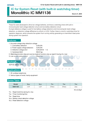 MM1136 datasheet - IC for System Reset (with built-in watchdog timer) Monolithic IC