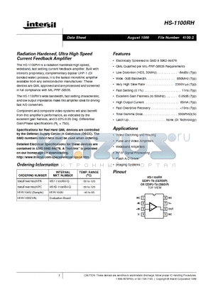 HS7B-1100RH-Q datasheet - Radiation Hardened, Ultra High Speed Current Feedback Amplifier