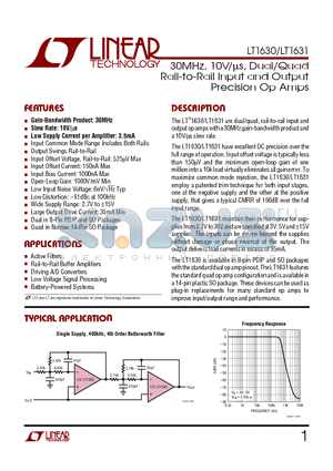LT1630CN8 datasheet - 30MHz, 10V/us, Dual/Quad Rail-to-Rail Input and Output Precision Op Amps