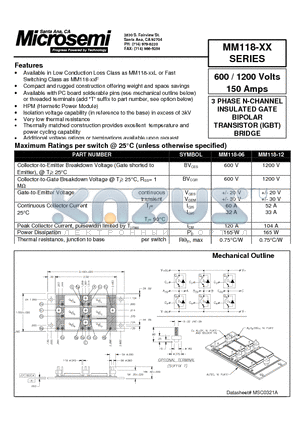 MM118-06L datasheet - 3 PHASE N-CHANNEL INSULATED GATE BIPOLAR TRANSISTOR IGBT BRIDGE