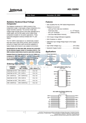 HS9-139RH-Q datasheet - Radiation Hardened Quad Voltage Comparator