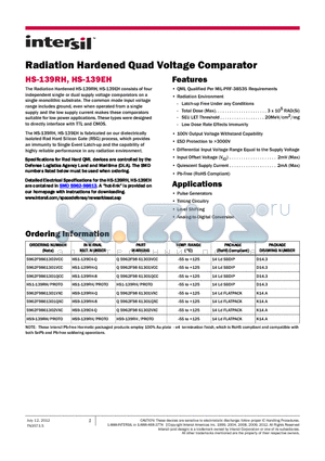 HS9-139RH-Q datasheet - Radiation Hardened Quad Voltage Comparator