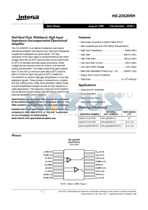 HS9-22620RH-Q datasheet - Rad Hard Dual, Wideband, High Input Impedance Uncompensated Operational Amplifier