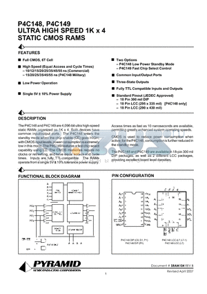 P4C148-10DMB datasheet - ULTRA HIGH SPEED 1K x 4 STATIC CMOS RAMS