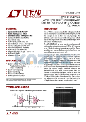LT1638CMS8 datasheet - 1.2MHz, 0.4V/us Over-The-TopTM Micropower Rail-to-Rail Input and Output Op Amps
