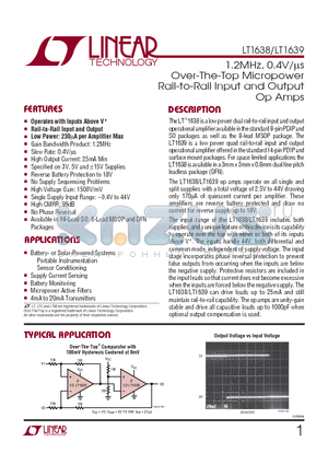 LT1638 datasheet - 1.2MHz, 0.4V/ls Over-The-Top Micropower Rail-to-Rail Input and Output Op Amps