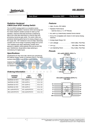 HS9-303RH-8 datasheet - Radiation Hardened CMOS Dual SPDT Analog Switch