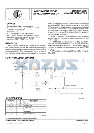 IDT74FST163232 datasheet - 16-BIT SYNCHRONOUS 2:1 MUX/DEMUX SWITCH