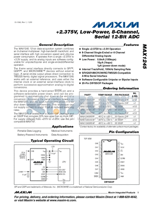 MAX1245 datasheet - 2.375V, Low-Power, 8-Channel, Serial 12-Bit ADC