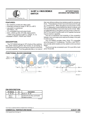 IDT74FST163233PA datasheet - 16-BIT 2:1 MUX/DEMUX SWITCH