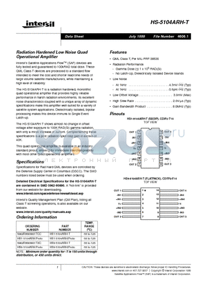 HS9-5104ARH-T datasheet - Radiation Hardened Low Noise Quad Operational Amplifier