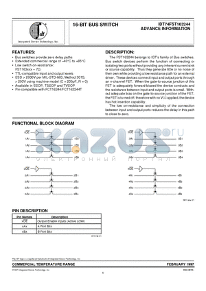 IDT74FST163244 datasheet - 16-BIT BUS SWITCH