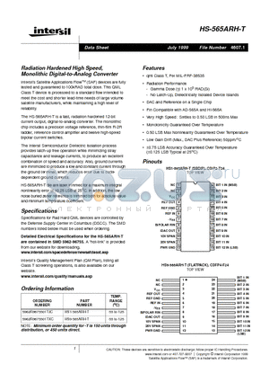 HS9-565ARH-T datasheet - Radiation Hardened High Speed, Monolithic Digital-to-Analog Converter