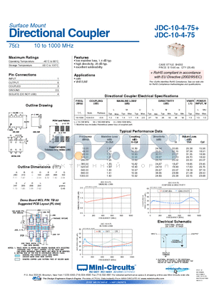 JDC-10-4-75 datasheet - Directional Coupler 75Y 10 to 1000 MHz