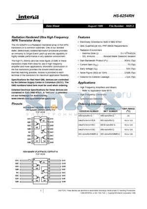 HS9-6254RH-Q datasheet - Radiation Hardened Ultra High Frequency NPN Transistor Array