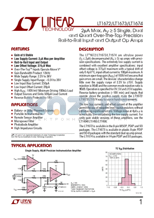 LT1672CN8 datasheet - 2MMax, AV=>5 SINGLE, DUAL AND QUAD OVER-THE-TOP PRECISION RAIL-TO-RAIL INPUT AND OUTPUT OP AMPS