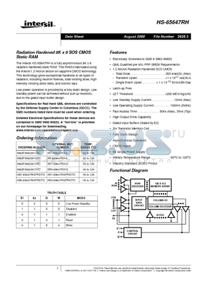 HS9-65647RH/PROTO datasheet - Radiation Hardened 8K x 8 SOS CMOS Static RAM