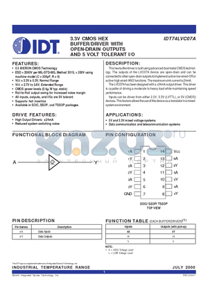 IDT74LVC07ADC datasheet - 3.3V CMOS HEX BUFFER/DRIVER WITH OPEN-DRAIN OUTPUTS AND 5 VOLT TOLERANT I/O